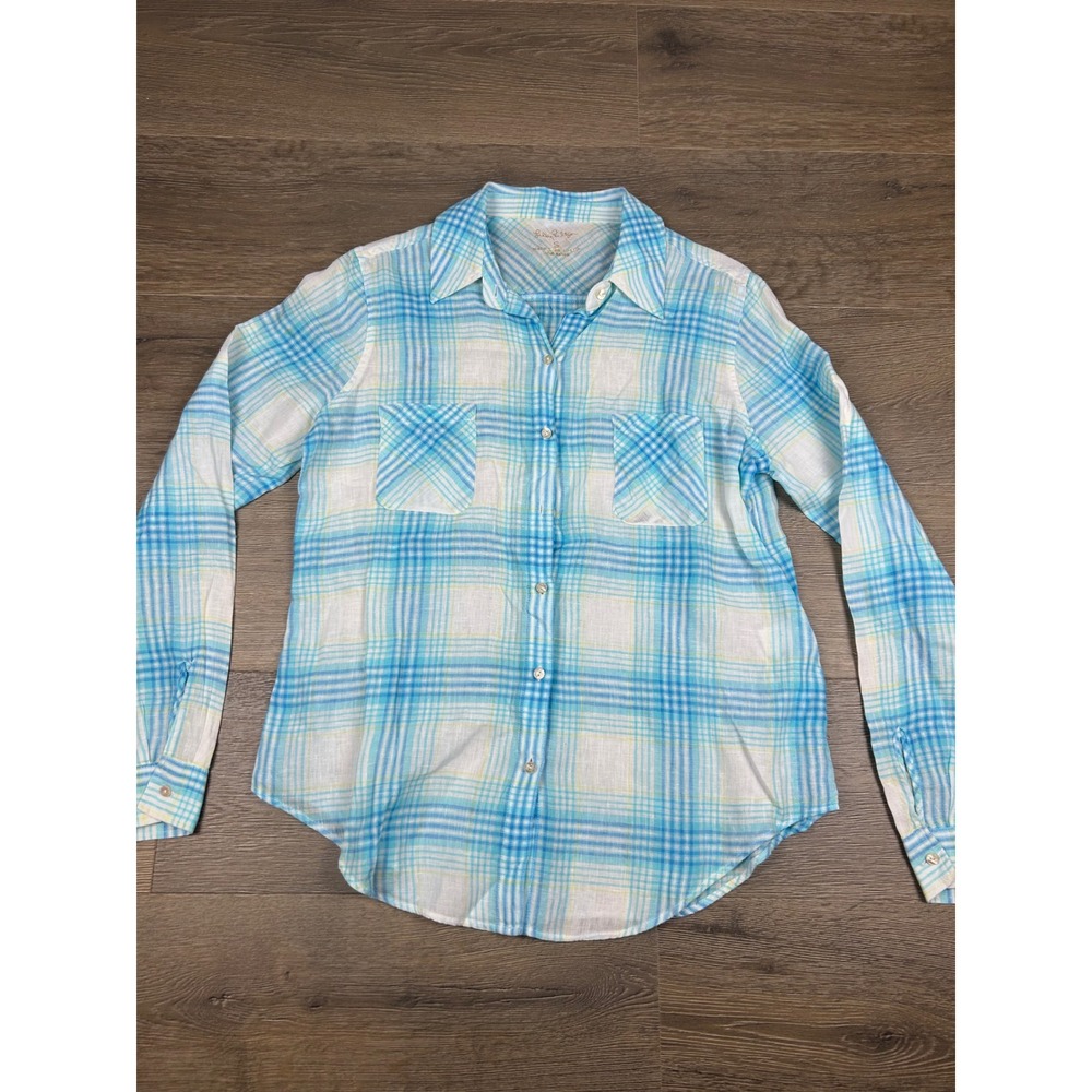Lilly Pulitzer Women Blue White Plaid 100% Linen Button Down Shirt Size S